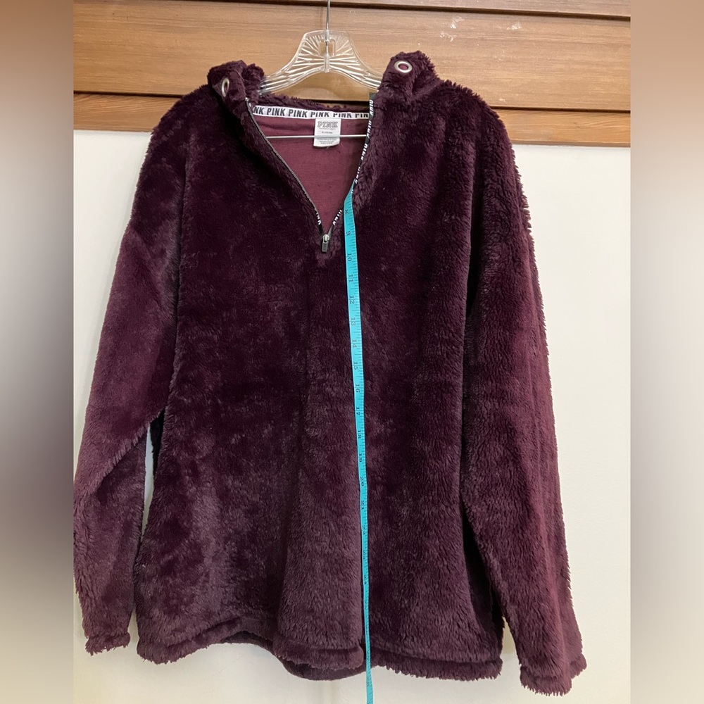Plush PINK Sherpa, hooded, pockets, missing drawstring, dark red, Medium